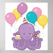Verjaardag Octopus met ballonnen en cupcake Poster (Voorkant)