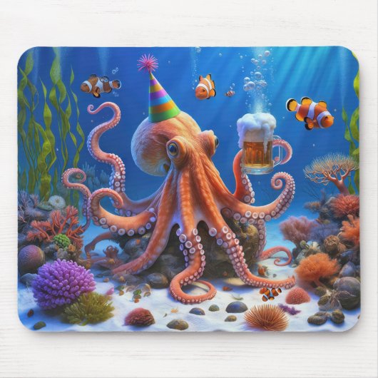 Verjaardag Octopus met bier Mok Muismat (Voorkant)