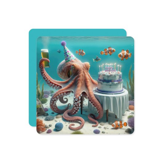 Verjaardag Octopus met een biertje Kaart (Voorkant / Achterkant in situ)