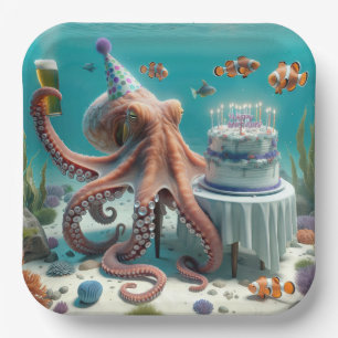 Verjaardag Octopus met een biertje Papieren Bordje