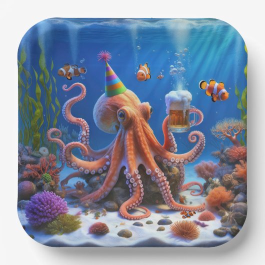 Verjaardag Octopus met een biertje Papieren Bordje (Voorkant)
