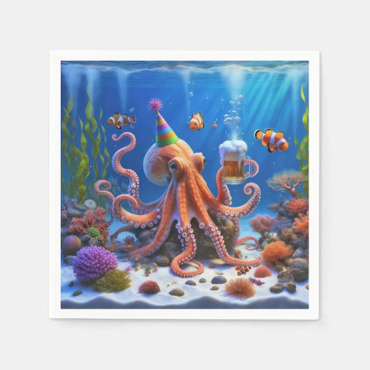 Verjaardag Octopus met een biertje Servet (Voorkant)