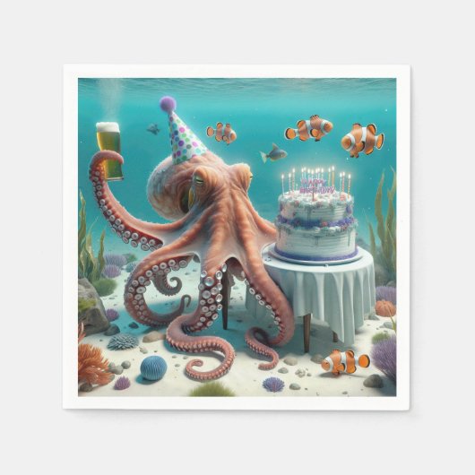 Verjaardag Octopus met een biertje Servet (Voorkant)