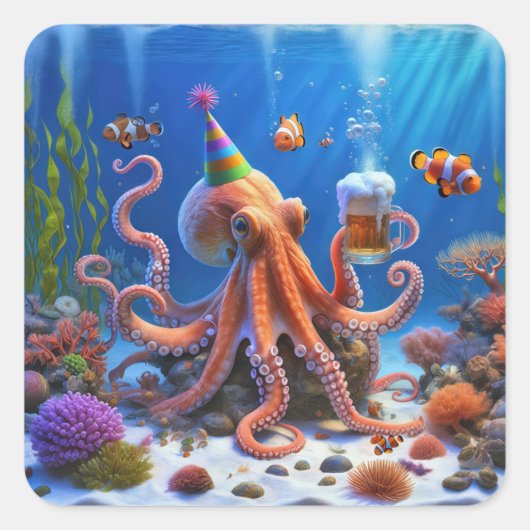 Verjaardag Octopus met een biertje Vierkante Sticker (Voorkant)
