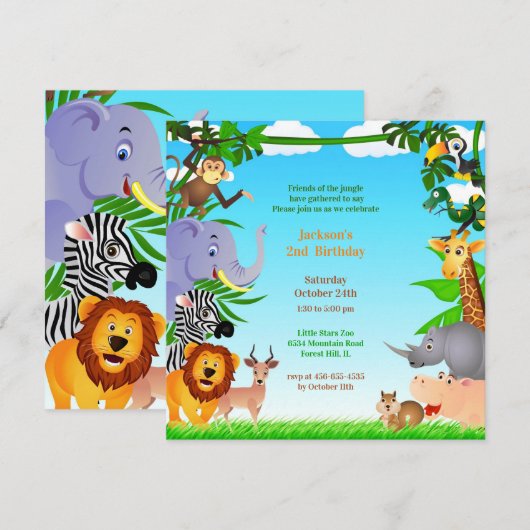 Verjaardag Oerwoud Dieren Flat Invitation Kaart (Voorkant / Achterkant)