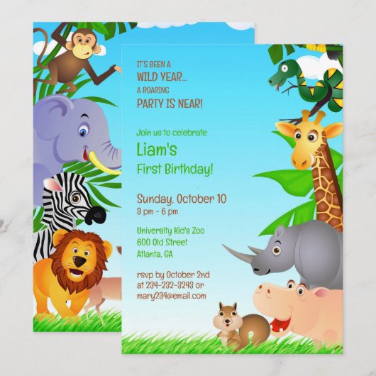 Verjaardag Oerwoud Dieren Flat Invitation Kaart (Voorkant / Achterkant)