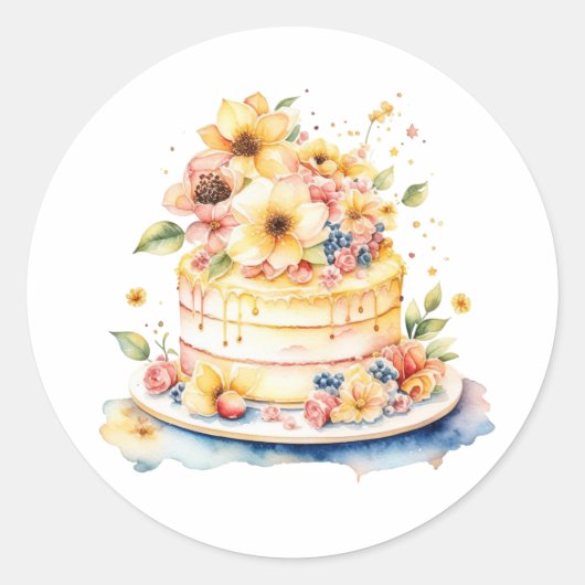 Verjaardag of Bruiloft Bak Waterverf Illustratie Ronde Sticker (Voorkant)
