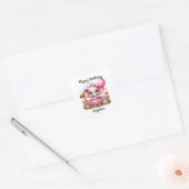 Verjaardag Olifant in Roze Jurk en Tiara Vierkante Sticker (Envelop)