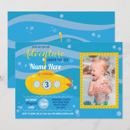 Verjaardag Onderzeeër Zwemmen Party Foto Uitnodige Kaart (Voorkant / Achterkant)