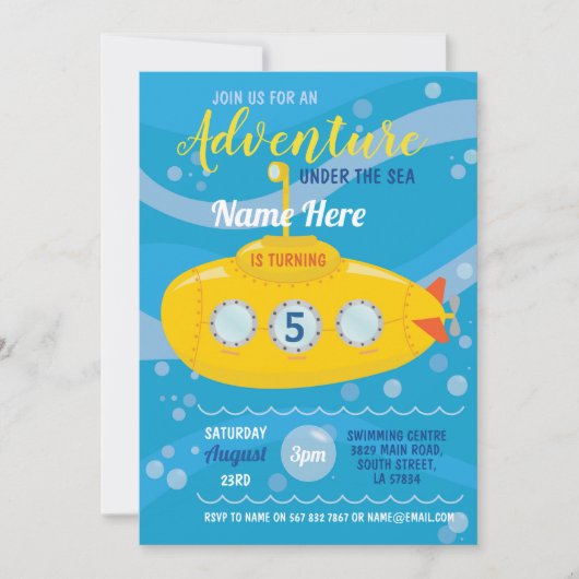 Verjaardag Onderzeeër Zwemmen Party Zee Uitnodigen Kaart (Voorkant)