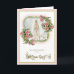Verjaardag Onze Lieve Vrouw van Fatima Maagd Maria Kaart<br><div class="desc">Met een prachtig religieus op maat ontworpen vintage beeld van de Heilige Maagd Onze-Lieve-Vrouw van Fatima met  roze rozen en een  VERJAARDAG GROETJES overlay.</div>