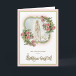 Verjaardag Onze Lieve Vrouw van Fatima Maagd Maria Kaart<br><div class="desc">Met een prachtig religieus op maat ontworpen vintage beeld van de Heilige Maagd Onze-Lieve-Vrouw van Fatima met  roze rozen en een  VERJAARDAG GROETJES overlay.</div>