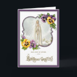 Verjaardag Onze Lieve Vrouw van Fatima Maagd Maria Kaart<br><div class="desc">Met een prachtig religieus op maat ontworpen vintage beeld van de Heilige Maagd Onze-Lieve-Vrouw van Fatima met slipjes en een  VERJAARDAG GROETJES overlay. Binnenin is een  afbeelding van bloemperken en de rozenkrans.</div>