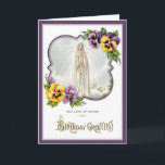 Verjaardag Onze Lieve Vrouw van Fatima Maagd Maria Kaart<br><div class="desc">Met een prachtig religieus op maat ontworpen vintage beeld van de Heilige Maagd Onze-Lieve-Vrouw van Fatima met slipjes en een  VERJAARDAG GROETJES overlay. Binnenin is een  afbeelding van bloemperken en de rozenkrans.</div>