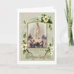 Verjaardag Onze-Lieve-Vrouw van Fatima VIrgin Mari Kaart<br><div class="desc">Met een prachtig,  op maat ontworpen vintage beeld van de Heilige Maagd Onze-Lieve-Vrouw van Fatima met de drie Fatima Kinderen en een  VERJAARDAG GROETJES overlay. Binnen is een  bloemig afbeelding van twee vogeltjes met de rozenkrans. Alle tekst en lettertypen kunnen worden gewijzigd.</div>