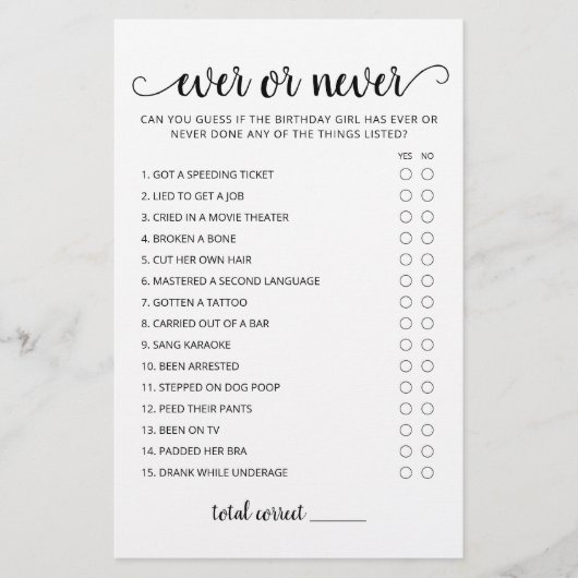 Verjaardag Ooit of Nooit Verjaardagsfeestspel (Voorkant)