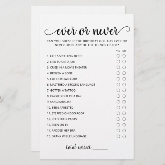 Verjaardag Ooit of Nooit Verjaardagsfeestspel (Voorkant / Achterkant)