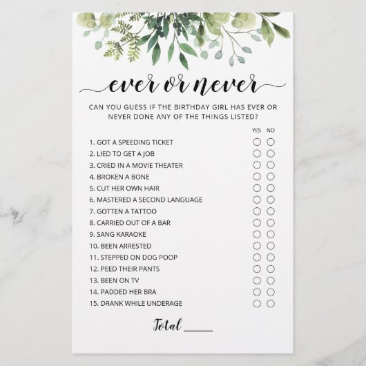 Verjaardag Ooit of Nooit Verjaardagsfeestspel (Voorkant)