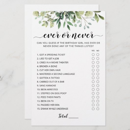 Verjaardag Ooit of Nooit Verjaardagsfeestspel (Voorkant / Achterkant)