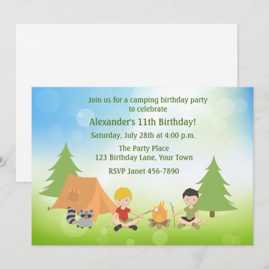 Verjaardag op de camping voor jongens kaart (Voorkant / Achterkant)