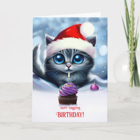 Verjaardag op kerstdag Cute Kitten met Cupcake Kaart (Voorkant)