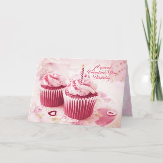 Verjaardag op Valentijnsdag Roze Cupcakes Feestdagen Kaart (Voorkant)