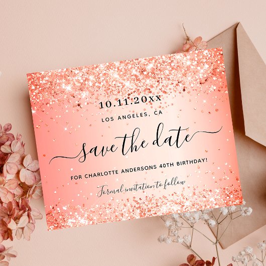 Verjaardag oranje glitters save the date glam budg flyer