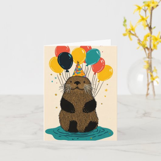 Verjaardag Otter met Ballonnen Verjaardag Kaart (Gele Bloem)