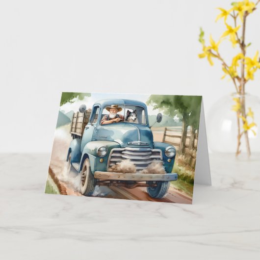 Verjaardag oud Man en hond in Blue Retro Truck Kaart (Gele Bloem)