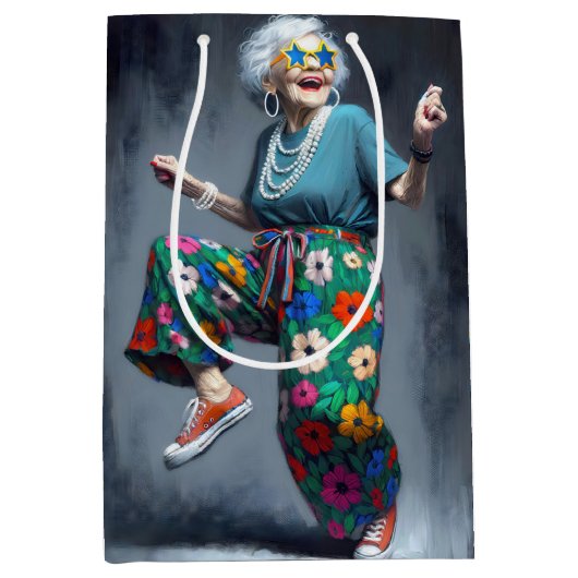 Verjaardag Oude Dame Dansen Medium Cadeauzakje (Voorkant)