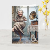 Verjaardag oude dame danst op een grammofoon kaart (Gele Bloem)