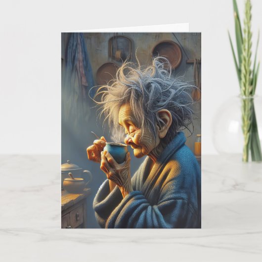 Verjaardag Oude Dame Die Ochtendkoffie Drinkt Kaart (Voorkant)