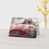 Verjaardag oude dame in een rode sportwagen kaart (Gele Bloem)