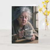 Verjaardag oude dame met stomende kop koffie kaart (Gele Bloem)