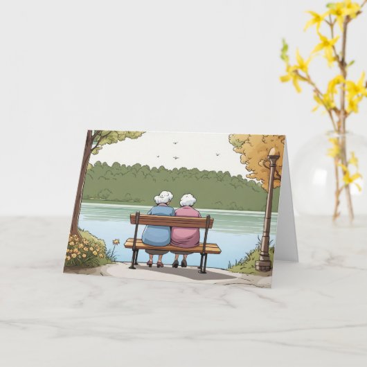 Verjaardag oude dames zitten op Park Bench Kaart (Gele Bloem)