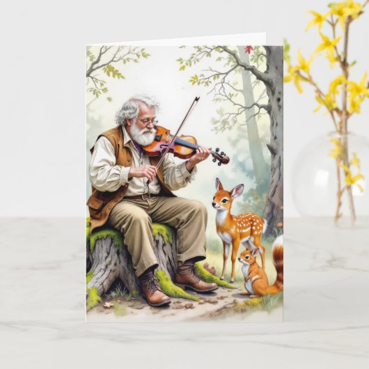 Verjaardag Oude Man Speelt op een Viool Kaart (Gele Bloem)