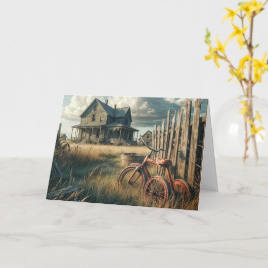 Verjaardag oude rode driewieler kaart (Gele Bloem)