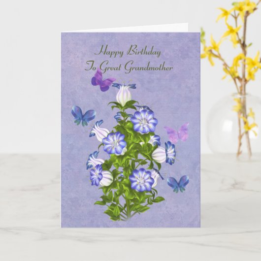 Verjaardag, overgrootmoeder, vlinders, bloemen kaart (Gele Bloem)