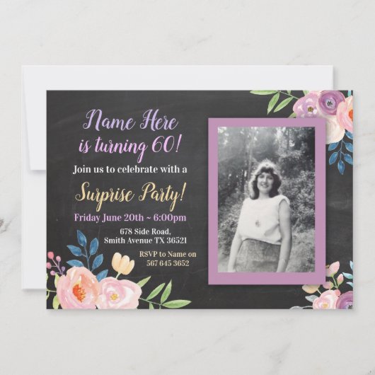Verjaardag Paarse Bloem Foto Chalk Uitnodiging (Voorkant)