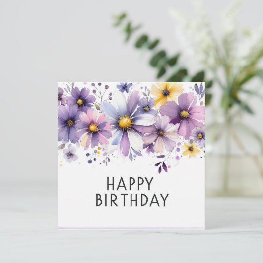 verjaardag paarse bloemen kaart (Staand voorkant)