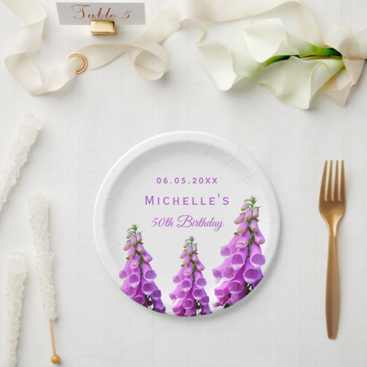 Verjaardag paarse bloemen wit elegant papieren bordje (Huwelijk)