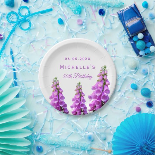Verjaardag paarse bloemen wit elegant papieren bordje (Feest)