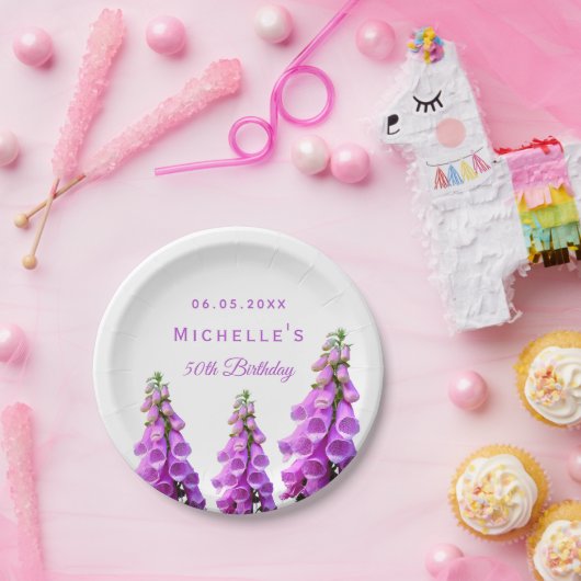 Verjaardag paarse bloemen wit elegant papieren bordje (Feest)