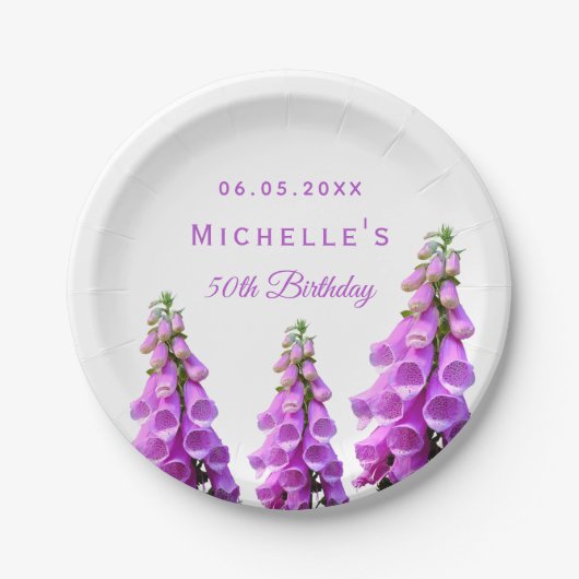 Verjaardag paarse bloemen wit elegant papieren bordje (Voorkant)