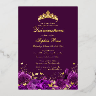 Verjaardag Paarse Bloemenvlinder Tiara Quinceanera Folie Uitnodiging