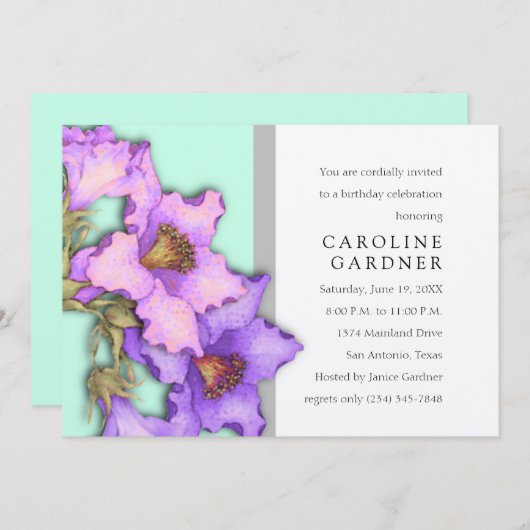 Verjaardag Paarse en Roze Lillies Uitnodiging (Voorkant / Achterkant)
