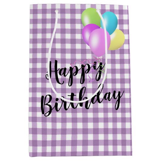 Verjaardag Paarse en witte Gingham Medium Cadeauzakje (Voorkant)