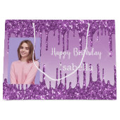 Verjaardag paarse glitter druppels 2 foto naam groot cadeauzakje (Voorkant)