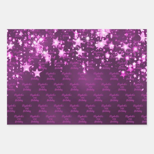 Verjaardag paarse glitter druppels roze monogram inpakpapier vel (Voorkant 3)