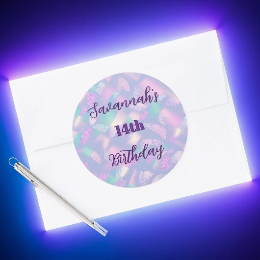 Verjaardag Paarse Glitter Holografische Naam Ronde Sticker